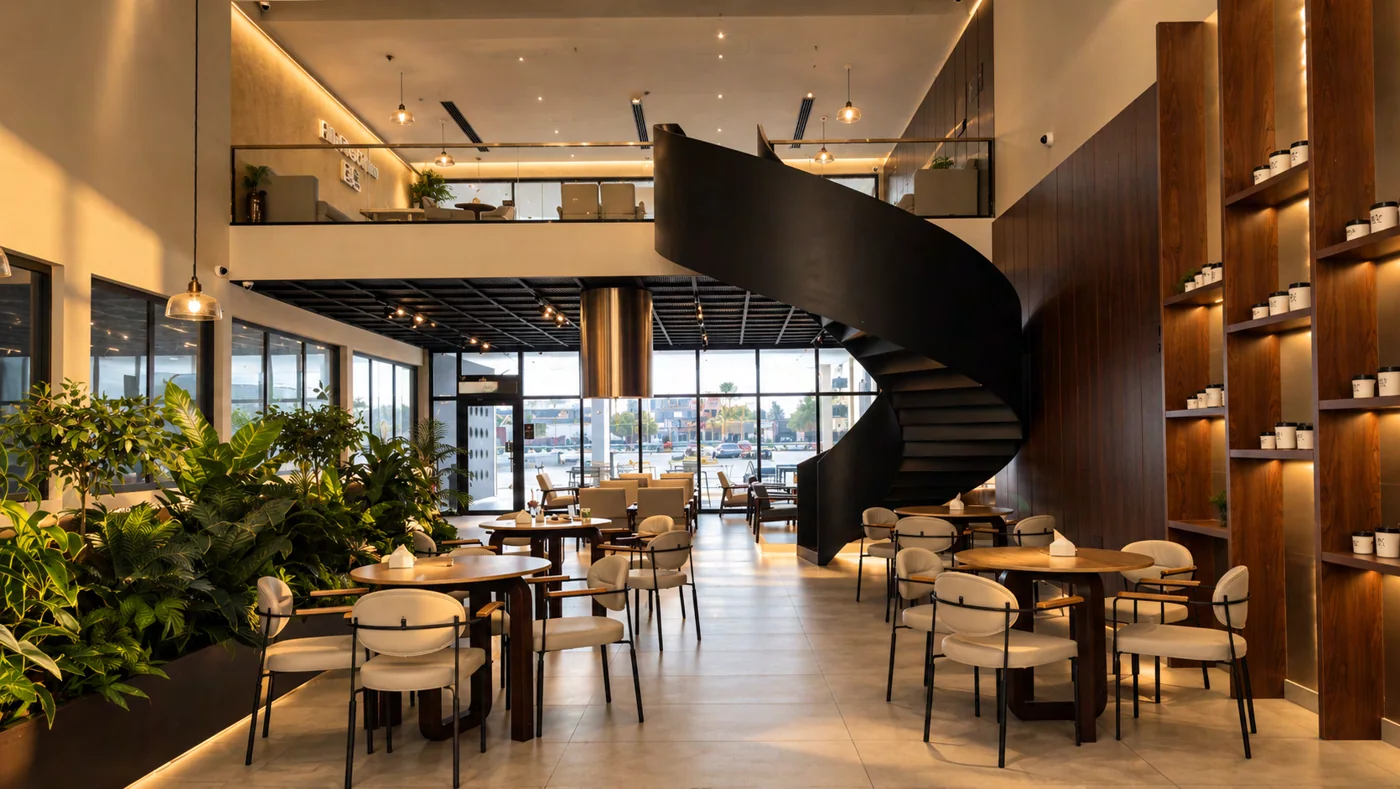 Warm interior and sculptural staircase at Fifty Five Coffee, Al Bidaya